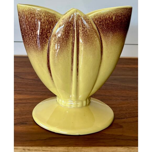 Royal Haeger Glazed Ceramic Yellow Brown Tulip Vase Ceramic Blended Beaded Base - Picture 2 of 13